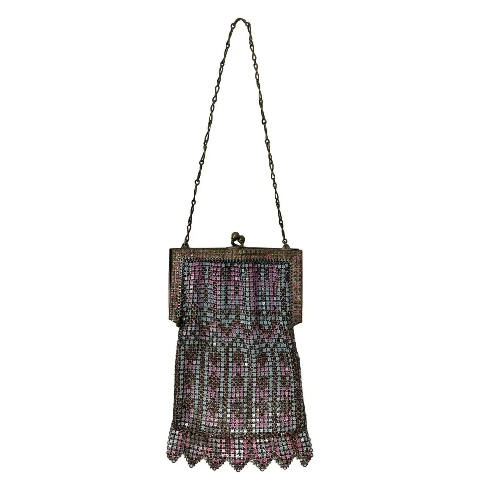 Whiting Davis Flapper‎ Purse Chain Mail Metal Mesh Pink Blue Handbag 1920s